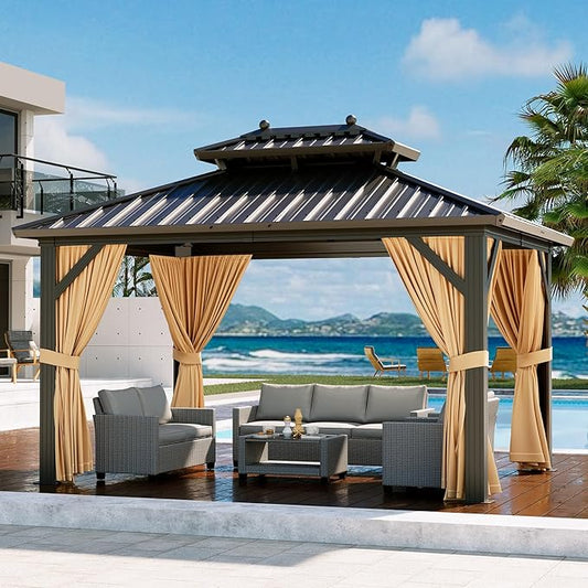 Outdoor Hardtop Gazebos 10 x 12 ft Permanent with High Strength Aluminum Frame, Double-Roof, Pavilion with Curtain and Netting for Patio, Lawn, Deck, Garden (Darkbrown, 10x12 ft)