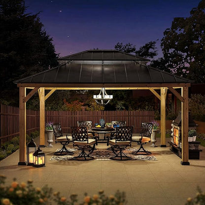 SUNJOY 13 x 15 ft. Wood Gazebo Cedar Framed Gazebos with Black Double Steel Hardtop Roof for Garden,Backyard Shade, Matte Black Roof + Natural Wood Frame