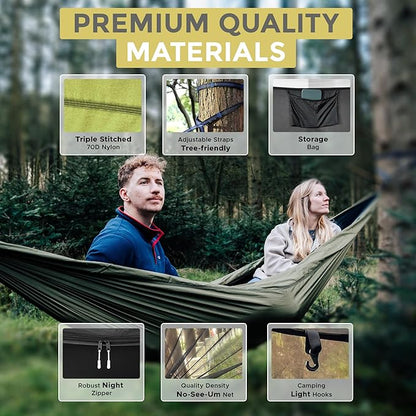 Miztli Camping Hammock -Portable Hammock w/Spacious Net & Tree Straps w/Adjustable Loops, Double and Single Hammock for Outdoor, Indoor, Hiking and Travel