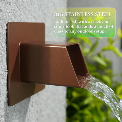 2 Inch 316 Stainless Steel Square Water Fountain Spout with Integrated Spray Baffle, Waterfall Spillway Scupper for Outdoor Decors, Pools, Ponds, Water Walls (Brown)
