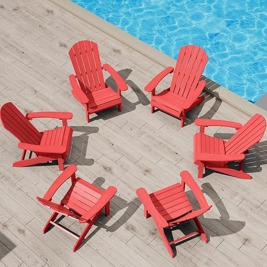 YEFU Adirondack Chairs Set of 6: Plastic Adirondack Chairs - Patio Chairs with Wood Texture - Outdoor Chair HIPS - Lawn Fire Pit Deck Porch Garden Chairs for Adults (Red)
