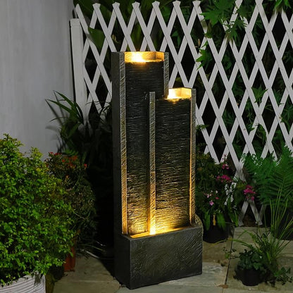 35.4" H Modern Indoor Outdoor Waterfall Fountain with Gentle Sound, Resin Garden Water Fountain Outdoor with Lights, Black Stream Panel Floor-Standing Garden Feature for Patio, Balcony, or Home Decor