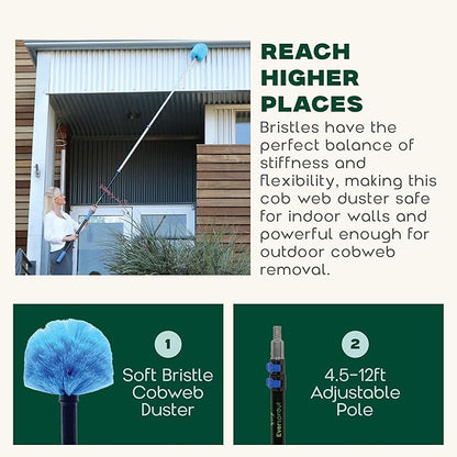 EVERSPROUT 5-to-12 Foot Cobweb Duster and Extension-Pole Combo (20 Foot Reach, Soft Bristles) | Hand Packaged | Lightweight, 3-Stage Aluminum Pole | Indoor & Outdoor Use Brush Attachment
