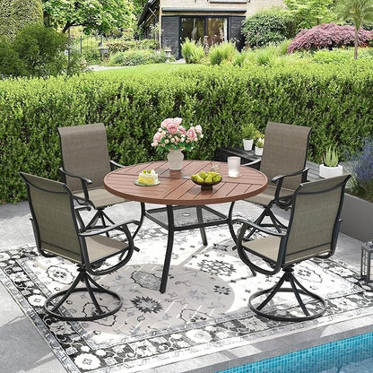 DIFY 5 Pieces Outdoor Patio Dining Set, 4 Brown Textilene Swivel Dining Chairs and 40.6" Walnut Round Metal Dining Table, Outdoor Table and Chairs