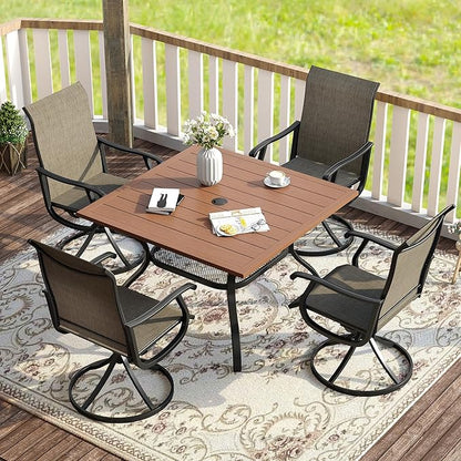 VICLLAX 5 Pieces Patio Dining Set for 4, Outdoor Furniture Set Includes 37.8" Square Outdoor Table and 4 Patio Swivel Chairs for Lawn Garden, Walnut Tabletop and Mixed Brown Fabric