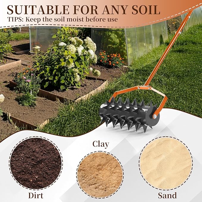 Outvita 60’’ Rolling Lawn Aerator, Heavy Duty Manual Aerator Lawn Tool for Garden Yard Patio with W-Shaped Blades ＆ 49" Handle (Orange)