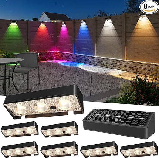 Solar Fence Lights Outdoor, 8 Pack, 9 Fixed Colors ＆ Color Changing Fence Lights Solar Powered Waterproof IP65 Dusk-to-Dawn LED Deck Lighting for Patio, Railing, Pool, Porch, Backyard, Wall