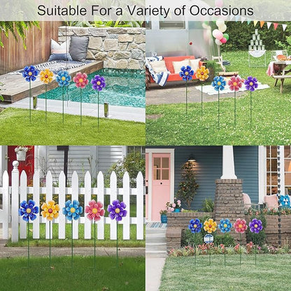 Metal Flower Wind Spinner Garden Lawn Stakes Yard Art, 27 Inch Windmill Outdoor Garden Iron Handicraft Lawn Ornament, Outside Front Metal Yard Art Decor, 5 pieces Outdoor Front Porch Patio Decorations