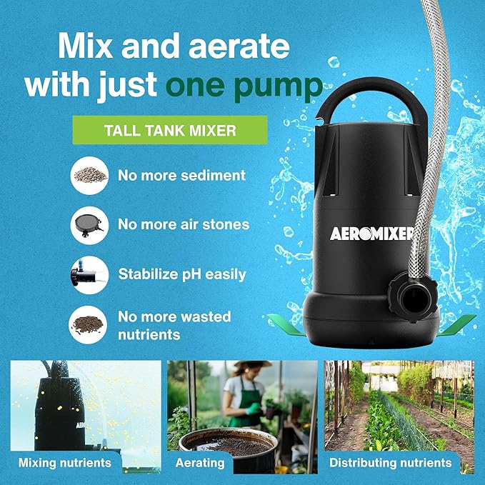 Aeromixer Tall 3/4 HP Submersible Mixing + Aerating Pump - Submersible Water Pump for Nutrient Mixing and Aerating, Electric Garden Water Pumps, Heavy Duty Outdoor Pumps for Farming and Gardening