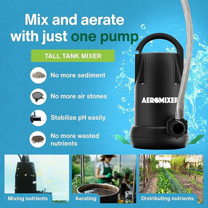 Aeromixer Tall 3/4 HP Submersible Mixing + Aerating Pump - Submersible Water Pump for Nutrient Mixing and Aerating, Electric Garden Water Pumps, Heavy Duty Outdoor Pumps for Farming and Gardening