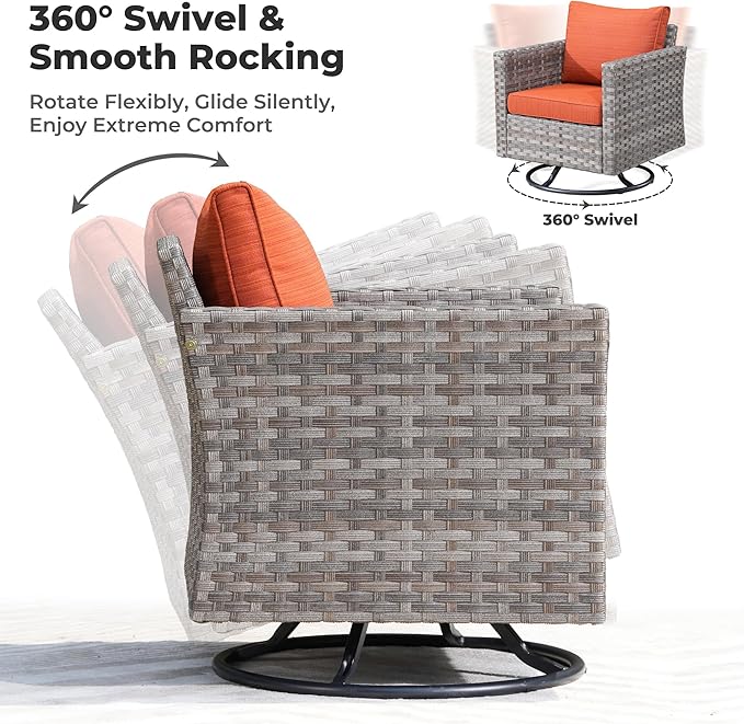 ovios 16 Pieces Patio Furniture Set, Outdoor Wicker Sectional Sofa with 54" Fire Pit Table Swivel Chairs, Modern Modular Deep Seat Rattan Couch Conversation Sets, Orange Red
