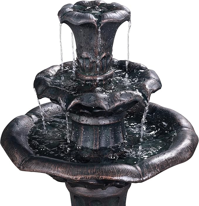 Teamson Home Lily Flower Floor Pedestal 3 Tiered Floor Waterfall Fountain with Pump for Outdoor Patio Garden Backyard Decking, 38 Inch Height, Dark Gray