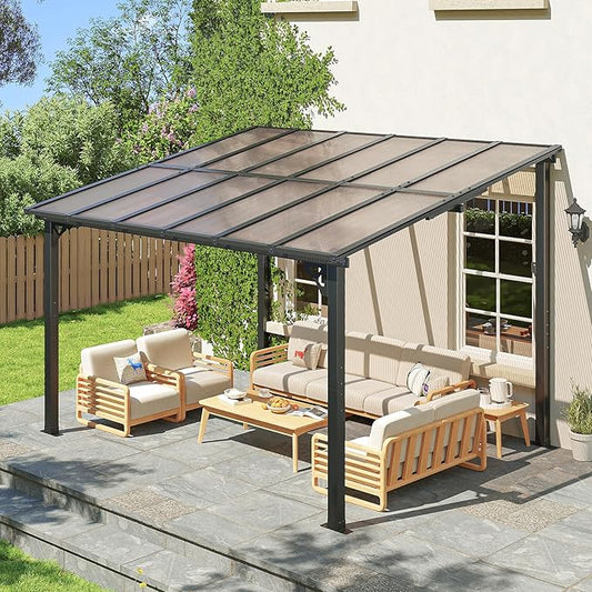 10x12FT Lean to Gazebo, Hardtop Metal Pergola with Polycarbonate Roof, Large Wall Mounted Heavy Duty Awnings, Patio Canopy for Backyard, Deck, Porch