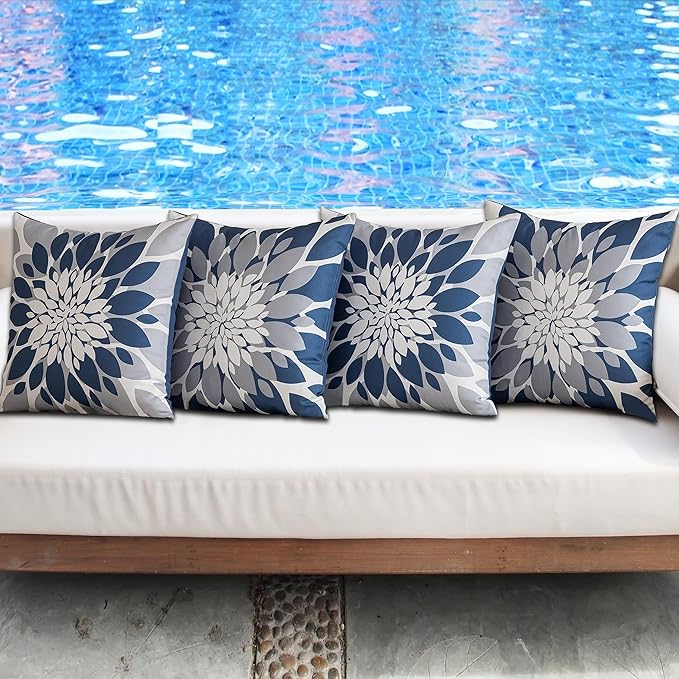Qahing Pack of 4 Outdoor Waterproof Pillow Covers 20x20 Decorative Outdoor Throw Pillows Garden Square Cases for Patio Furniture, Couch, Tent Sunbrella, Bench, Blue Grey