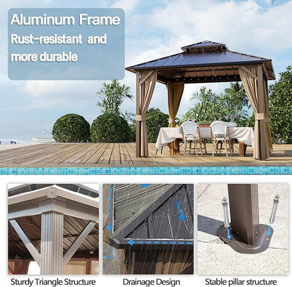 10' x 10' Outdoor Hardtop Gazebo Aluminum Frame with Double Metal Roof, Canopy Netting, Curtain, Patio Permanent Galvanized Steel Gazebo for Backyard, Garden, Party, Deck, Lawn
