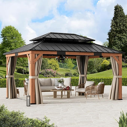 Modern Shade Rosewood Wood Gazebo 12' x 16', Cedar Framed Grill Gazebo with Double Galvanized Steel Roof, Mosquito Netting and Curtains, Permanent Hardtop with Sturdy Hooks for Garden, Backyard, Patio