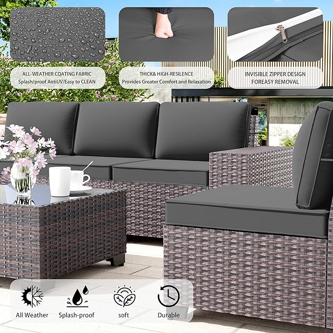 Outdoor Patio Furniture Set, 6 Pieces Outdoor Furniture All Weather Patio Sectional Sofa PE Wicker Modular Conversation Sets with Coffee Table,5 Chairs & Seat Clips (Grey)