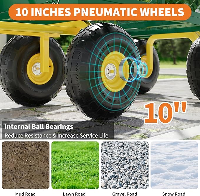 Metal Wagon - 900lbs Garden Cart with 10" Multi-Terrain Tires, 4 Removable Mesh Sides & 180° Swivel Handle, Yard Wagon Cart for Lawn, Yard, Patio Gardening