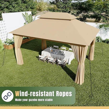 AOXUN Outdoor Gazebo for Patio 10x13, Metal Frame Canopy with Double Roofs, Heavy Duty Party Tent and Shelter with Mosquito Netting and Privacy Screen for Backyard, Lawn, Garden, Deck (Beige)