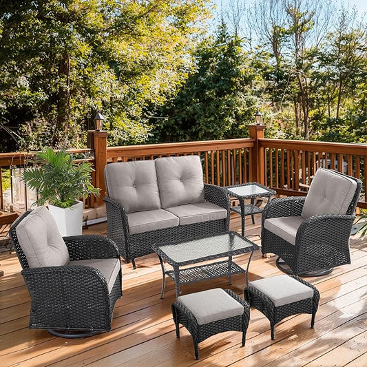 7 Piece Patio Furniture Set - Wicker Patio Conversation Set with Swivel Glider, Glider Loveseat, Tempered Glass Side Table and 2 Ottomans for Deck Backyard - Black Wicker Beige Cushion