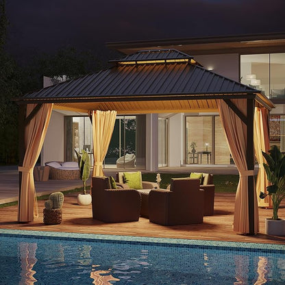 12'x14' Hardtop Gazebo Outdoor Aluminum Patio Gazebo Double Roof Galvanized Steel Canopy with Netting and Curtains,for Garden, Backyard,Deck and Lawns