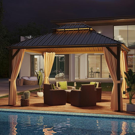 12'x14' Hardtop Gazebo Outdoor Aluminum Patio Gazebo Double Roof Galvanized Steel Canopy with Netting and Curtains,for Garden, Backyard,Deck and Lawns