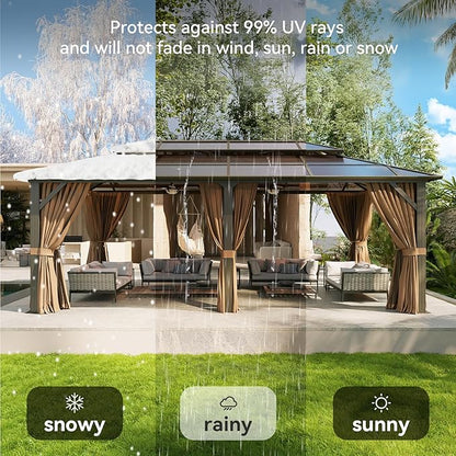 Aoxun 12'x20' Hardtop Gazebo, Aluminum Frame Permanent Pavilion with Curtains and Netting, Outdoor Polycarbonate Double Roof Canopy, Designed for Garden, Lawns, Patio