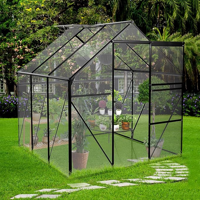 6x6 FT Polycarbonate Walk-in Greenhouse,All Season Garden Green Houses,Aluminum Hot House w/ Raised Base,Adjustable Vent Roof & Sliding Door for Outdoor Backyard,Easy to Install,Black