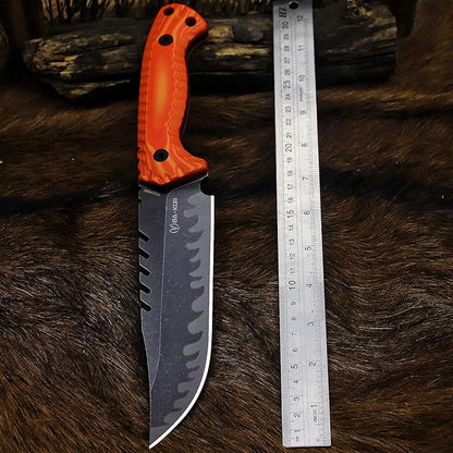 BA-KOR 12.4in Full Tang Fixed Blade Hunting Knife – 6mm 9CR18MoV Steel, G10 Handle, Stonewashed Sawback Blade with Kydex Sheath & Fire Starter for Outdoor, Camping, Survival (Orange with light yellow stripes)