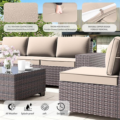 Outdoor Patio Furniture Set with Propane Fire Pit Table, 7 PCS Outdoor Furniture Patio Sectional Sofas Conversation Sets w/ETL Approved 43" Gas Outdoor Fire Table & Coffee Table Brown.
