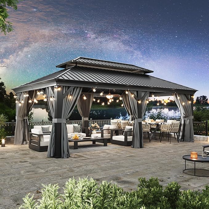 Aoxun 12' X 20' Hardtop Gazebo with Drainage System, Aluminum Outdoor Gazebo with Galvanized Steel Double Roof, Patio Permanent Metal Pavilion with Netting, for Garden, Deck, Grey, Square Foundation