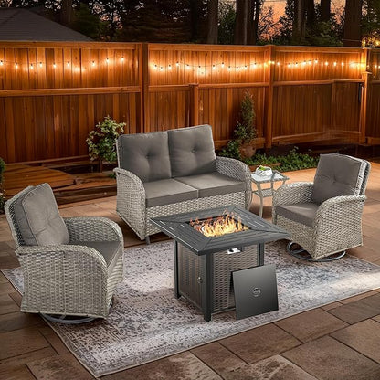 5 Piece Patio Furniture Set with Fire Pit Table - Wicker Patio Conversation Set with Swivel Glider, Glider Loveseat, Tempered Glass Side Table for Deck Backyard - Grey Wicker Grey Cushion