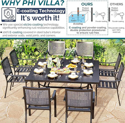 PHI VILLA 9 Pieces Patio Dining Table Set for 8, 60” Square Metal Wrought Iron Dining Table & Stackable Dining Chairs, Large Dining Furniture Set for Outdoor Deck, Yard, Porch