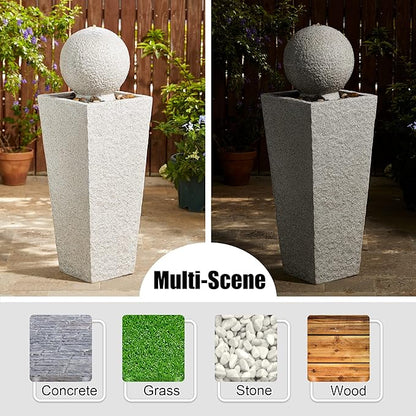 Glitzhome Outdoor Water Fountain with LED Light, Modern Oversized Sphere Pedestal Water Fountain with Submersible Pump, Modern Geometric Outdoor Fountains for Garden Patio Porch, 40.25" H