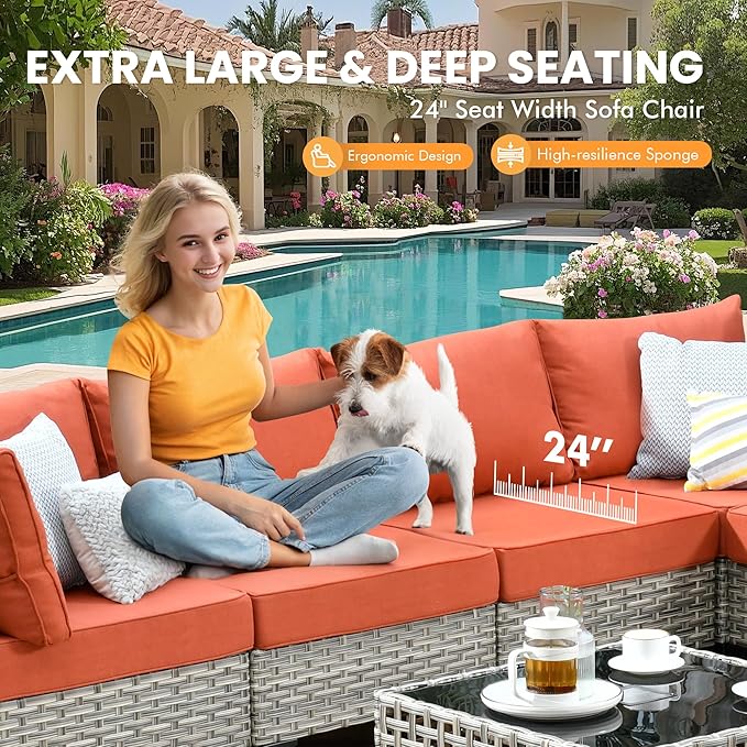Outdoor Sectional Patio Furniture Set with Fire Pit Table and Glowing Table,8 Pieces Wicker Conversation Sets L Shaped Couch Out Door Sofa Set Outside Furniture for Garden Deck Yard,Red