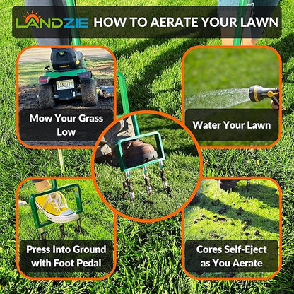 Landzie - The Original Hollow and Spike Tine Lawn Aerator Set - Includes 1 Aerator + Set of 3 Hollow Tines and 3 Spike Tines - 42 Inch Manual Stainless Steel Gardening Hand Tool