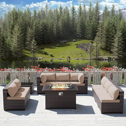 Outdoor Patio Furniture Sets with Propane Fire Pit Table, 10 Pieces Outdoor Furniture Patio Sectional Sofa Conversation Set w/ETL Approved 43" Gas Outdoor Fire Table & Coffee Table Brown.