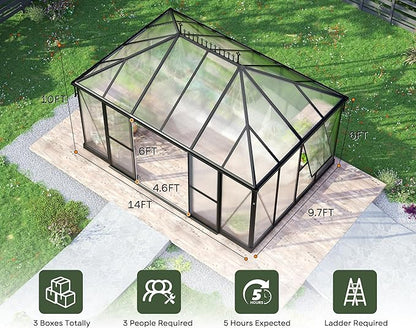 14×9.7×10 FT Outdoor Polycarbonate Greenhouse with 6 ft Double Swing Door & 2 Vents, Heavy Duty Green House with Aluminum Frame for Outside Patio Backyard Garden