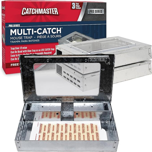 Catchmaster Multi-Catch Mouse Trap 3-Pack, Humane Mouse Traps Indoor for Home, Includes Replaceable Glue Board, Live Catch Pest Control for Garage & Shed