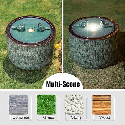 Glitzhome 14.75”H Outdoor Ceramic Water Fountain with LED Light and Pump, Embossed Leaf Pattern Floor Standing Bird Bath Fountain with Two Birds Decor for Patio Porch Deck Backyard, Turquoise