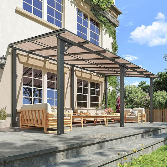 10x16FT Lean to Gazebo, Hardtop Metal Pergola with Polycarbonate Roof, Large Wall Mounted Heavy Duty Awnings, Patio Canopy for Backyard, Deck, Porch