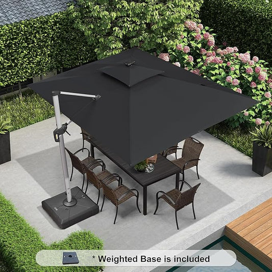 PURPLE LEAF 9' X 12' Solar Powered LED Rectangle Cantilever Umbrella With Base Patio Umbrellas Windproof Hanging Umbrella Outdoor Offset Umbrellas, Black