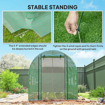 Outsunny 14.6'x6.5'x6.6' Hoop House Greenhouse with 2 Support Rods, Zippered Roll-up Mesh Door, Mesh Windows, Walk-in Tunnel Greenhouse with PE Cover, Galvanized Steel Frame, Outdoor Garden, Green