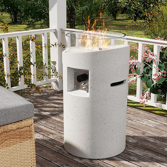 Outdoor Cylinder Propane Fire Pit Table – Premium Terrazzo-Like MgO Finish, Sturdy & Waterproof Gas Fire Table with Glass Wind Guard for Patio, Garden & Backyard, Includes Rain Cover & Glass Bead