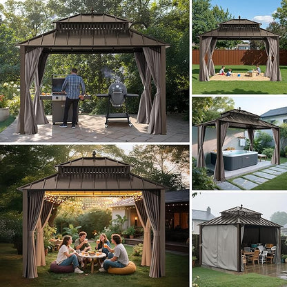 SUNJOY Kingston 12' x 10' Hardtop Gazebo with Galvanized Steel Double Roof, Curtain and Netting, Brown Aluminum Posts Permanent Pavilion Gazebo for Garden, Patio, Deck, Lawn