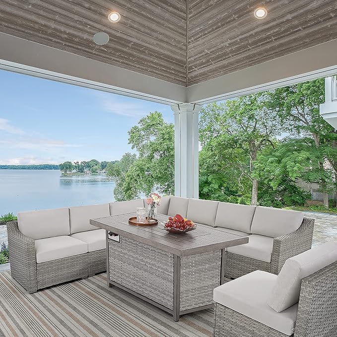 HAPPATIO 48inch 50,000 BTU Aluminum Patio Fire Pit,Wicker &Aluminum Rattan Square Propane Fire Pit Table.Propane Gas Fire Pit Table with Clear Glass Rock, Gray PE Rattan(Gray)