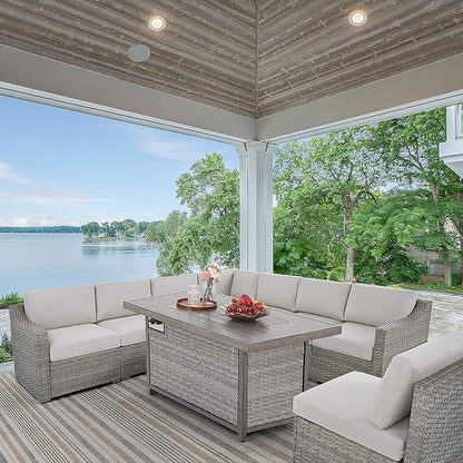 HAPPATIO 48inch 50,000 BTU Aluminum Patio Fire Pit,Wicker &Aluminum Rattan Square Propane Fire Pit Table.Propane Gas Fire Pit Table with Clear Glass Rock, Gray PE Rattan(Gray)