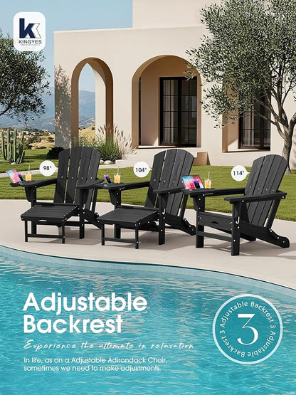 KINGYES Adjustable Folding Adirondack Chair with Footrest & 4-in-1 Multi-Functional Armrest Organizer Set of 4, HDPE Foldable Reclining Adirondack Chair with Pull-Out Ottoman, Black