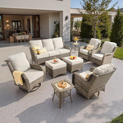 ovios 9 Pieces Patio Furniture Set, Outdoor Wicker Sofa Couch with Swivel Chairs Ottomans Comfy Cushions, High Back All Weather Modern Conversation Sets, Grey Rattan, Grey