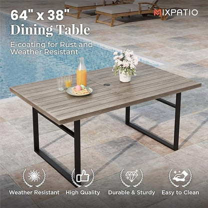 7-Piece Outdoor Dining Set 6 Red Textilene Chairs and Steel Tabletop with Wood Grain Rectangle Table for Deck Garden Backyard Lawn Poolside